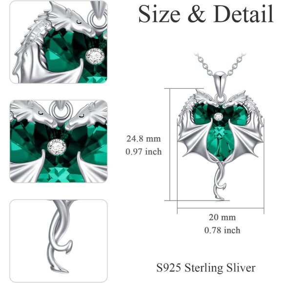 925 Sterling Silver Green Heart Dragon Necklace for Women Girls with Austrian Cr - Picture 4 of 7